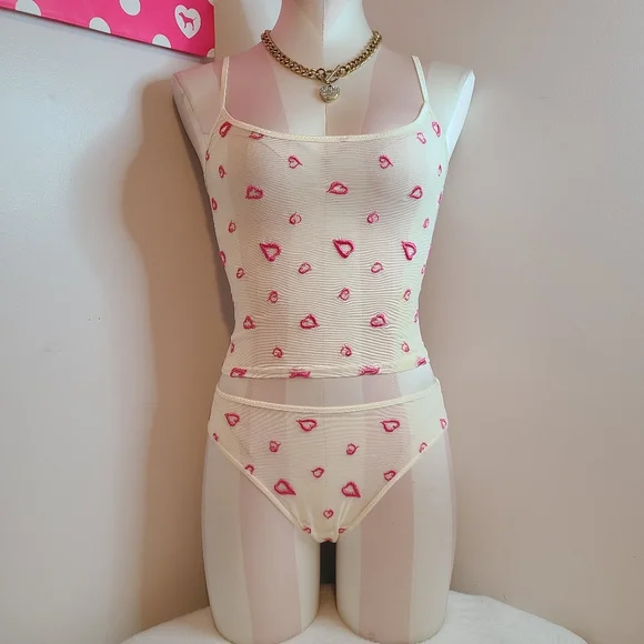 Rare VTG 90s Victoria's Secret Heart Embroidered Mesh Cami Panty Set Size XS
